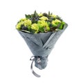 Unique bouquet consisting of blueberries, blackberries, lemons decorated with green carnations is isolated on a white background