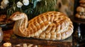 Unique bread loaf resembling an cobra resting on a wooden table, Ai Generated Royalty Free Stock Photo