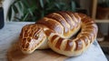 Unique bread loaf resembling an cobra resting on a wooden table, Ai Generated Royalty Free Stock Photo