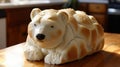 Unique bread loaf resembling an polarbear resting on a wooden table, Ai Generated