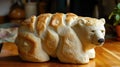 Unique bread loaf resembling an polarbear resting on a wooden table, Ai Generated