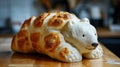 Unique bread loaf resembling an polarbear resting on a wooden table, Ai Generated