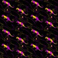 Unique of bright yellow pink gekko lizard doodle seamless pattern on black background. Abstract reptiles exotic hand drawn