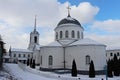 Unique buildings of the Divnogorsk male cave monastery in central Russia. February 2020