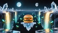 Unique burger on a crystal platform with glowing bees Royalty Free Stock Photo