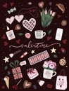 Unique valentine`s day poster with valentine hand drawn art, flower, coffee cup, heart, star, chocolate candy, cookie, ice cream. Royalty Free Stock Photo
