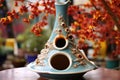 unique ceramic bird feeder in a blooming garden