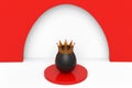 Unique chicken black egg in royal king crown on podium and white background