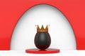 Unique chicken black egg in royal king crown on podium and white background