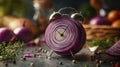 Unique clock made from a sliced red onion in a kitchen setting, AI Generated Royalty Free Stock Photo