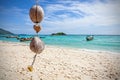 Unique coconut decoration on tropical beach, nature background