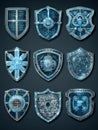 Unique Collection of Detailed Shields With Intricate Designs and Blue Glowing Elements Set Against a Dark Background Royalty Free Stock Photo