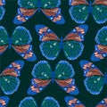 Unique Colorful trendy seamless pattern. Embroidery butterflies contrast on dark green  background color Royalty Free Stock Photo