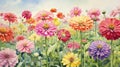 Unique and Colorful Watercolor Zinnia Field AI Generated