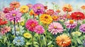 Unique and Colorful Watercolor Zinnia Field AI Generated