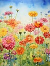 Unique and Colorful Watercolor Zinnia Field AI Generated