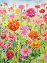 Unique and Colorful Watercolor Zinnia Field AI Generated