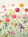 Unique and Colorful Watercolor Zinnia Field AI Generated