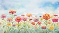 Unique and Colorful Watercolor Zinnia Field AI Generated