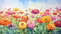 Unique and Colorful Watercolor Zinnia Field AI Generated