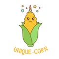 Unique-corn cute corn character isolated on white background. Unicorn corn kawaii illustration. Magical vector design for prints,