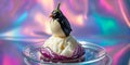 Unique culinary art features penguin-shaped dumpling on colorful backdrop Royalty Free Stock Photo