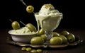 Unique culinary creation of green olives stuffed with cheese and dipped in topping. Royalty Free Stock Photo