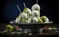 Unique culinary creation of green olives stuffed with cheese and dipped in topping. Royalty Free Stock Photo