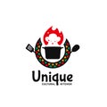Unique cultural kitchen logo icon badge with hot pot, flame , cooking spatula utensil, and african abstract pattern Royalty Free Stock Photo