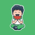 Unique cute adorable little boy eating watermelon