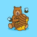 Unique Cute Bear Eating Honeycomb Funny, Smiling, Happy Flat Design Icon, Graphic Vector, Illustration, Cartoon Character,