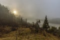 A unique dawn in the Carpathians with fog over a fast river.