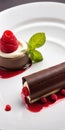 A unique treat: white and dark chocolate cannelloni with delicate mascarpone mousse and fresh raspberries Royalty Free Stock Photo