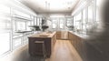 From Concept to Reality: Custom Kitchen Design Drawing Combined with a Photograph of the Completed Kitchen Royalty Free Stock Photo