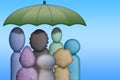 Unique and diverse looking characters huddled together under an umbrella, symbolizing the concept of diversity and inclusion.