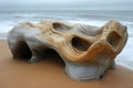 Unique Driftwood Sculpture on a Tranquil Beach with Ocean Waves Generative AI Royalty Free Stock Photo