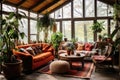 Unique And Eclectic Sunroom With Mix Of Natural And Bohemian Elements Eclectic Interior Design. Generative AI