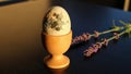 A Unique Decoupage Egg Resting in a Wooden Cup with Lavender Flowers Royalty Free Stock Photo