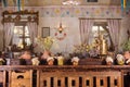 Unique ethnic restaurant interior. Traditional design. Ukrainian rural style and decorations. Europe, Ukraine