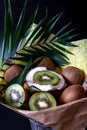 Unique festive bouquet of coconut, kiwi and palm twigs on a black background. Fruit bouquet. Fruits and Vegetables of the Healthy