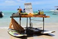 Unique floating bar on the beach, truly ingenious and original construction with recycled material. Vacation, beach background