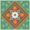 Unique floral pattern with stylized daffodil flower and paisley. Medallion.