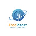 Unique food planet logo design vector illustration. consisting of a plate, fork and knife icon as the planet. restaurant, Cafe