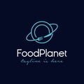 Unique food planet logo design vector illustration. consisting of a plate icon, fork and knife icon as the planet. restaurant logo Royalty Free Stock Photo