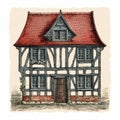 Unique Framed Illustration Of An Old English House In 19th Century German Realism Style