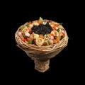 Unique gift bouquet consisting of dried fruit, side view on a black background