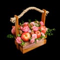 Unique gift wooden box with flowers and fruits isolated on black background