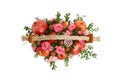 Unique gift wooden box with flowers and fruits isolated on white background