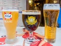 Unique glasses of draught beer in Chamonix burger shop