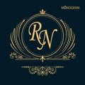 A unique graceful monogram template. Golden leaf ornament. Originality and luxury. Place for text. Vector. Royalty Free Stock Photo